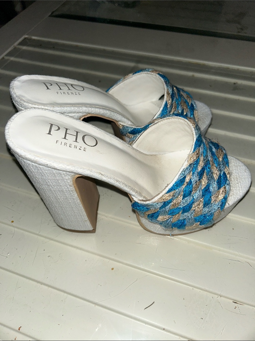 White Platform Heels with Braided Blue Accents